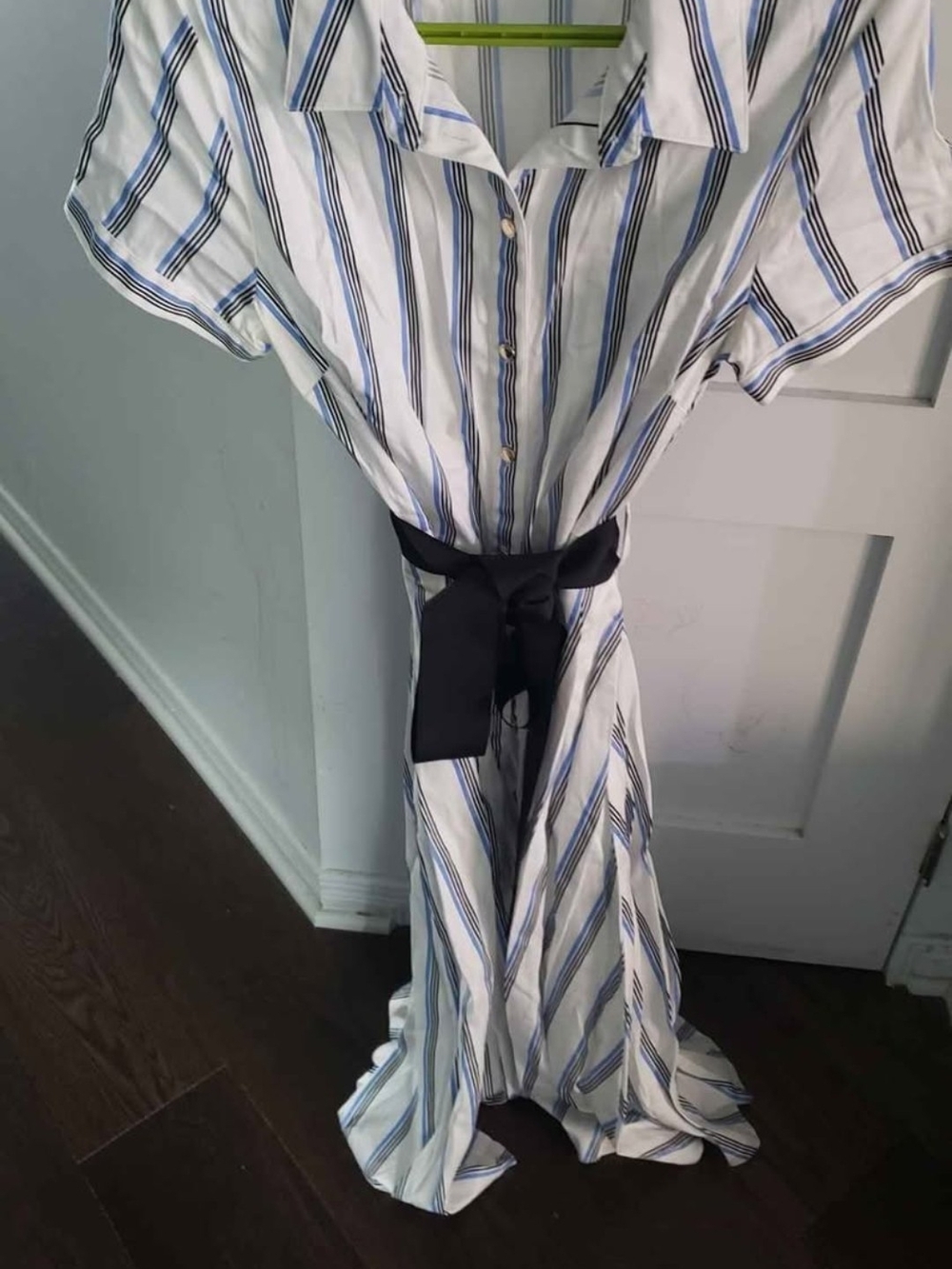 Karl Lagerfeld Blue and White Striped Shirt Dress with Black Waist Tie